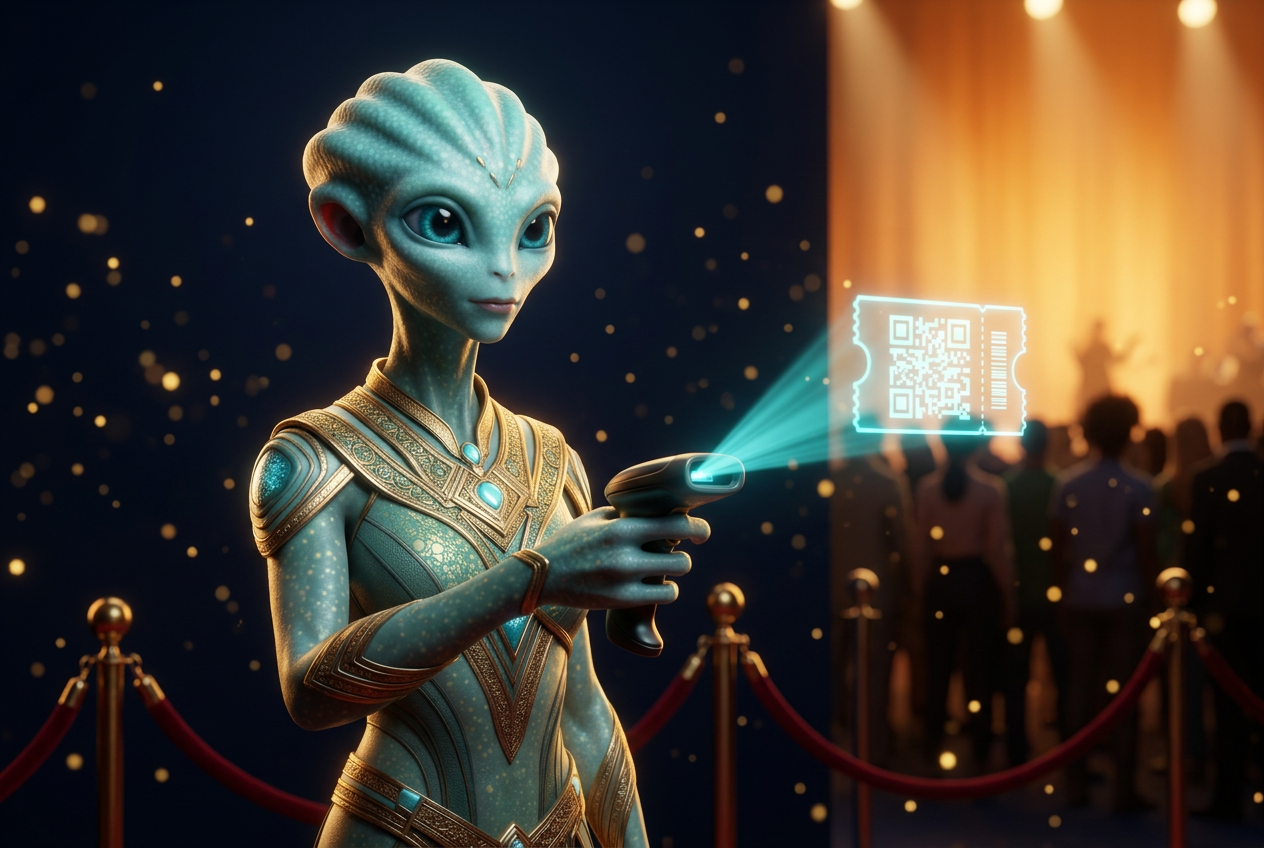 Workolo Alien Brand Ambassador scanning a holographic QR ticket at the door