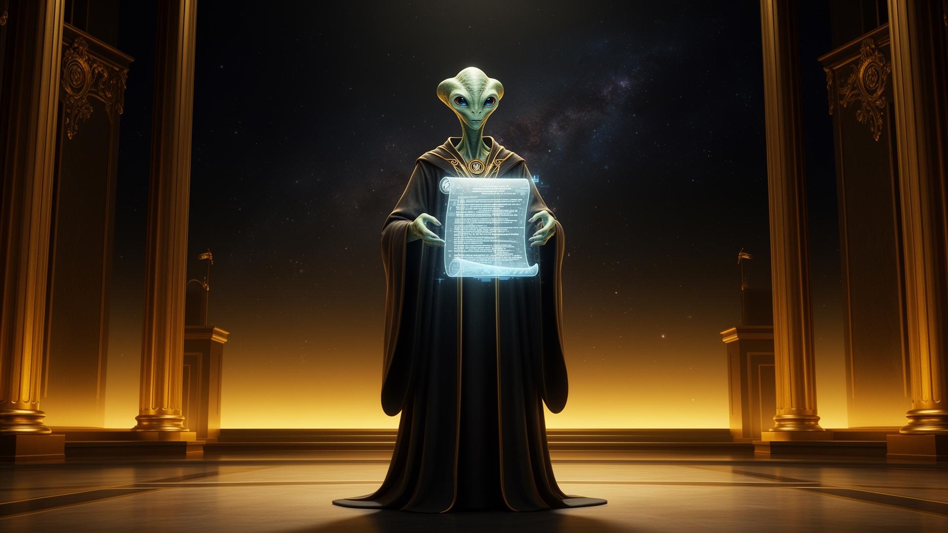 Workolo Advocate Portal — alien advocate reviewing a glowing legal scroll