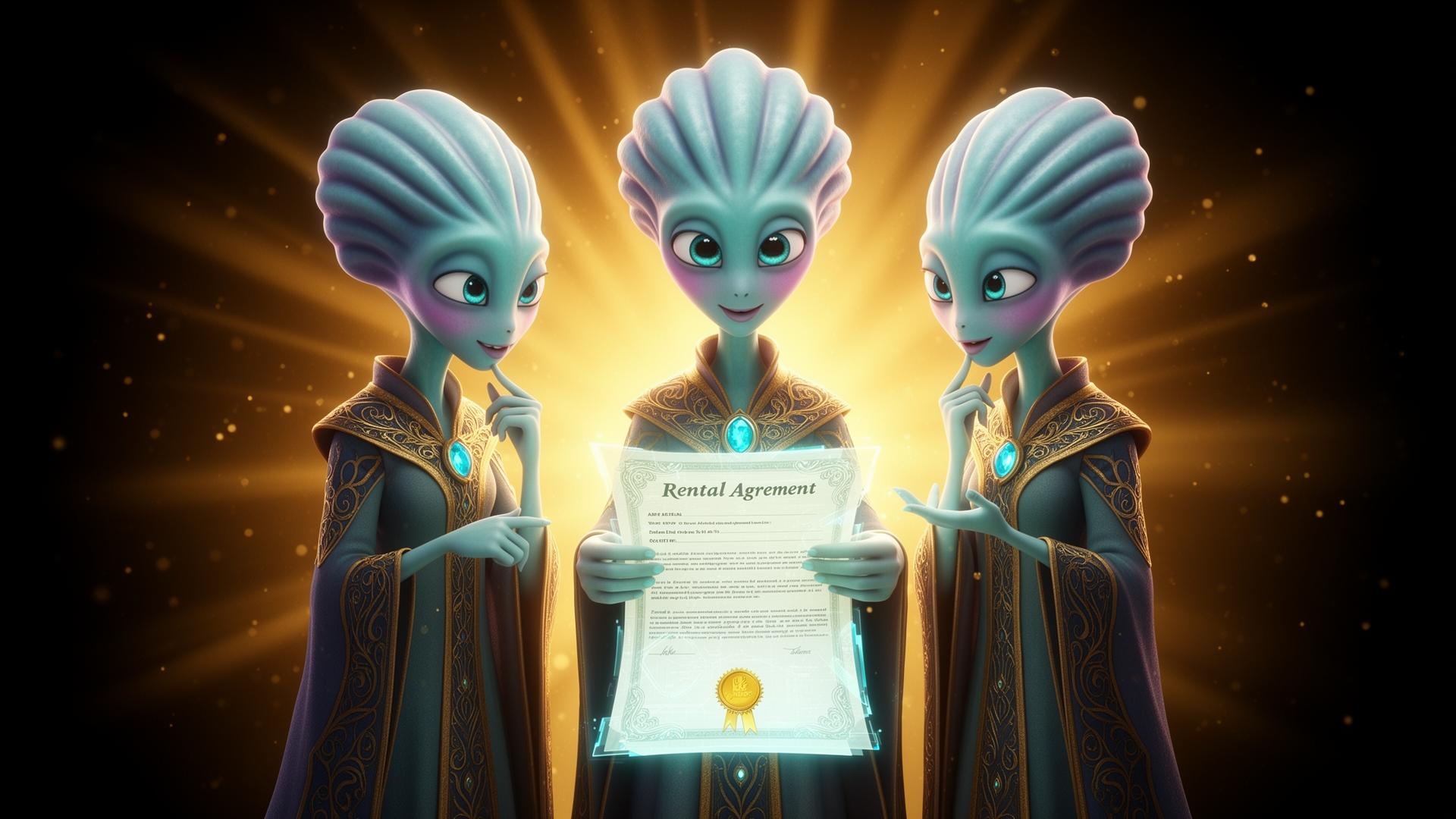 Workolo alien crew reviewing a rental agreement